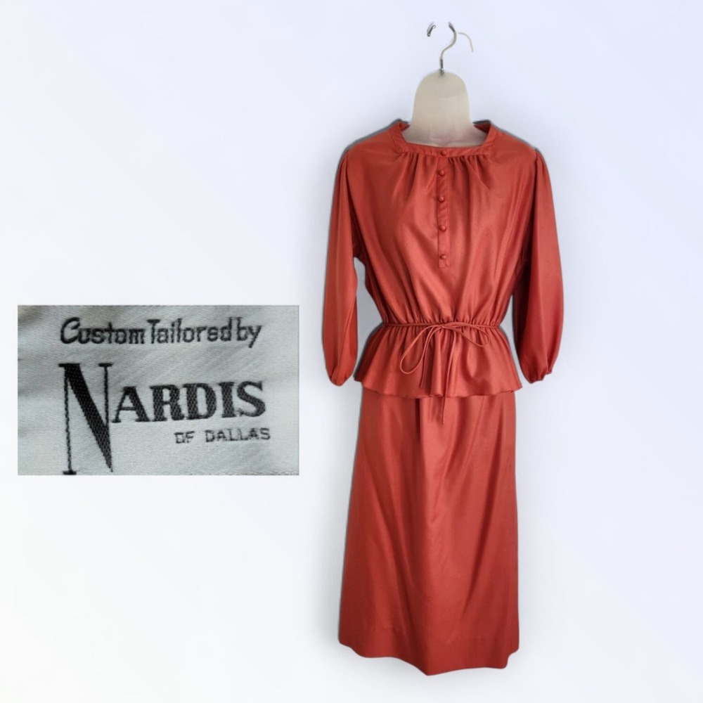 Nardis of Dallas Vintage Small S Pink 2pc Skirt Suit Set Peplum Top 60s 70s